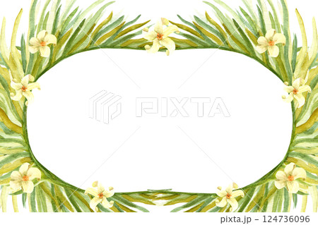 Palm leaves, white flower tropical foliage, watercolor horizontal frame isolated on white. High quality hand drawn design perfect for banners, cards, labels, decor, textile design. Rain forest clip 124736096