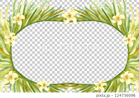 Palm leaves, white flower tropical foliage, watercolor horizontal frame isolated on white. High quality hand drawn design perfect for banners, cards, labels, decor, textile design. Rain forest clip 124736096