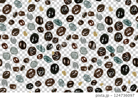 Papaya seeds watercolor seamless pattern isolated on white. Hand-painted tropical fruit clip art perfect for culinary designs, textile, wrapping paper, prints, cards, packages, scrapbooking. Textured 124736097