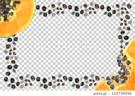 Papaya and seeds watercolor horizontal frame isolated on white. Hand-painted tropical fruit clip art perfect for culinary designs, textile, wrapping paper, prints, cards, packages and menu. Textured Papaya and seeds watercolor horizontal frame isolated on white. Hand-painted tropical fruit clip art perfect for culinary designs, textile, wrapping paper, prints, cards, packages and menu. Textured 124736098