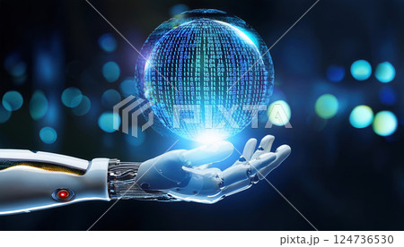 robotic hand holds glowing orb filled with streaming binary code, symbolizing technology and innovation against dark background 124736530