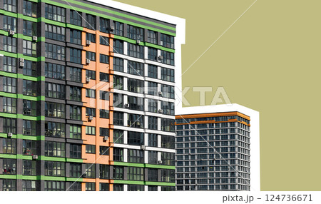 Building facade in metropolitan city. Tall modern highrise block with apartment, residence, and Building facade in metropolitan city. Tall modern highrise block with apartment, residence, and 124736671