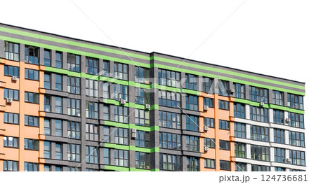 Building exterior with panoramic view. Modern multistorey apartment, condo, home, residence, Building exterior with panoramic view. Modern multistorey apartment, condo, home, residence, 124736681