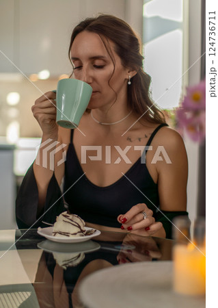 Woman Coffee Breakfast Enjoying Home Morning Calm Relaxation Woman Coffee Breakfast Enjoying Home Morning Calm Relaxation 124736711