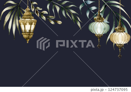 Islamic hanging lanterns with palm leaves banner template. Watercolor hand drawn isolated illustration on dark for Ramadan Kareem card design, Mubarak Eid Al Fitr, Adha, Mawlid, Muslim holiday Islamic hanging lanterns with palm leaves banner template. Watercolor hand drawn isolated illustration on dark for Ramadan Kareem card design, Mubarak Eid Al Fitr, Adha, Mawlid, Muslim holiday 124737095