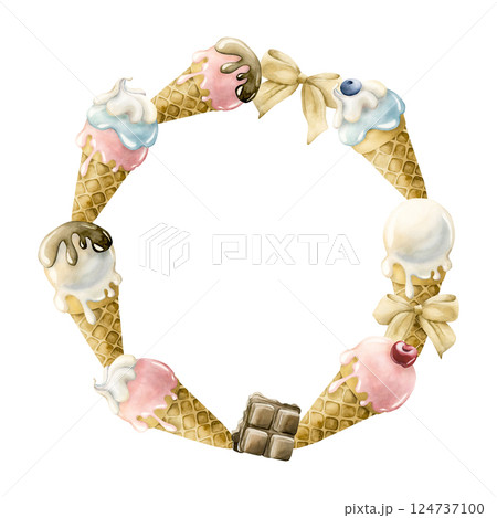 Cute ice cream waffle cone wreath. Watercolor hand painted food illustration isolated on white background for kids birthday, baby shower party, nursery decor, sweet print, bakery logo, label, package 124737100