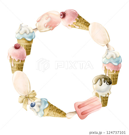 Cute ice cream waffle cups and popsicle wreath. Watercolor hand painted summer food illustration isolated on white background for kids birthday, baby shower, nursery decor, bakery logo, label, print 124737101