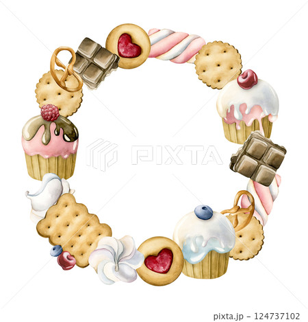 Cute cupcakes, cookies, chocolate and marshmallow wreath. Watercolor hand painted isolated food illustration for confectionery design, kids baby birthday party, print, bakery logo, label, package 124737102