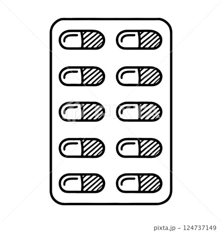PTP包装シートに入っている錠剤・カプセルの薬のシンプルな黒い手描き線画イラスト　透過背景の切り抜き 124737149