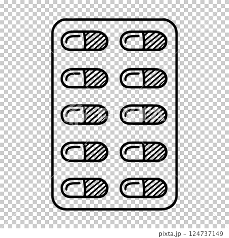 Simple black hand-drawn line drawing illustration of pills and capsules in a PTP packaging sheet, cut out on transparent background 124737149