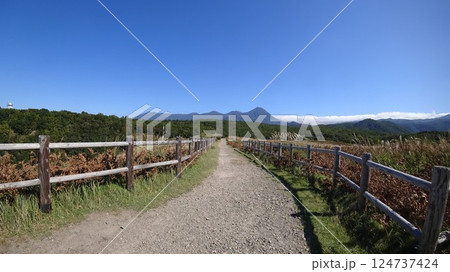 フレぺの滝の遊歩道からみた晴れの日の知床連山 フレぺの滝の遊歩道からみた晴れの日の知床連山 124737424