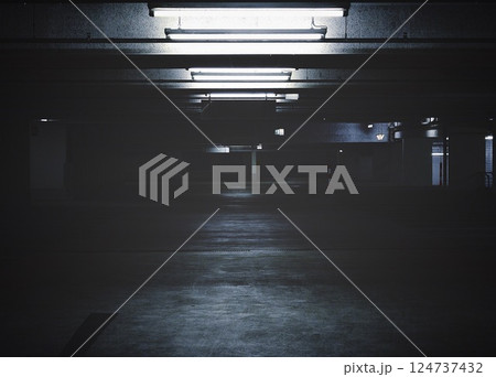 Dark warehouse at night with lights.Analog edited ready for use.copyspace 124737432