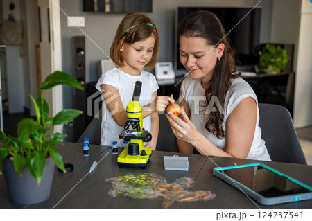 Little girl and her mother examining onion skin under a microscope at home. Concept of family science education and early biology learning Little girl and her mother examining onion skin under a microscope at home. Concept of family science education and early biology learning 124737541