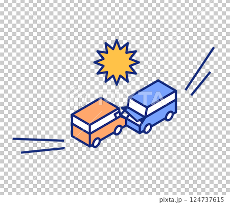 Illustration of a car accident with two cars colliding head-on. Isometric road accident vector illustration. 124737615