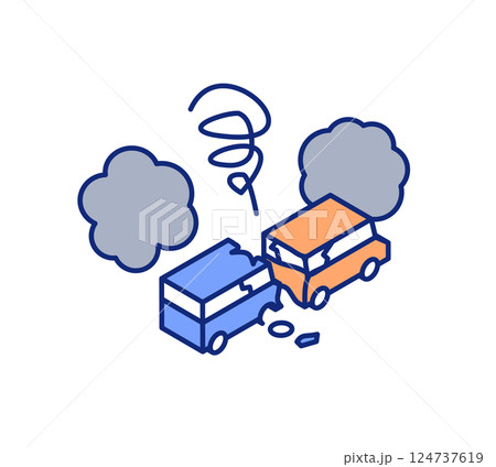 自動車が自動車に後ろから追突している事故イラスト。アイソメトリック図の自動車事故ベクターイラスト。 自動車が自動車に後ろから追突している事故イラスト。アイソメトリック図の自動車事故ベクターイラスト。 124737619