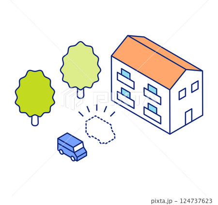 車が盗難にあうイラスト。アイソメトリック図の自動車盗難ベクターイラスト。自宅からのリレーアタック被害 車が盗難にあうイラスト。アイソメトリック図の自動車盗難ベクターイラスト。自宅からのリレーアタック被害 124737623