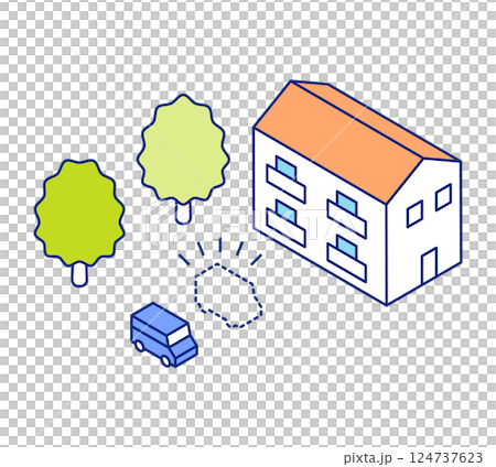 車が盗難にあうイラスト。アイソメトリック図の自動車盗難ベクターイラスト。自宅からのリレーアタック被害 車が盗難にあうイラスト。アイソメトリック図の自動車盗難ベクターイラスト。自宅からのリレーアタック被害 124737623
