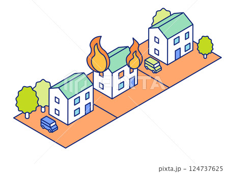家が燃えている火事のベクターイラスト。住宅密集地での火災。 124737625