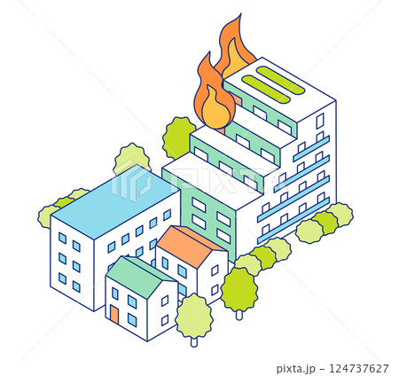 アパートが燃えている火事のベクターイラスト。集合住宅の火災。 アパートが燃えている火事のベクターイラスト。集合住宅の火災。 124737627