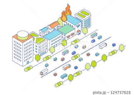 街での火災。商業地のビルが火事になっているベクターイラスト。 124737628
