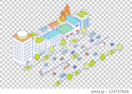 城市發生火災。著火的商業建築的向量插圖。 124737628