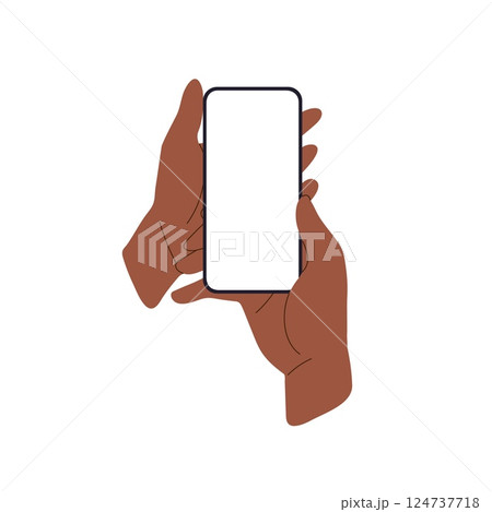 Phone screen with hand and finger. using mobile device, holding smartphone, clean empty display, 124737718
