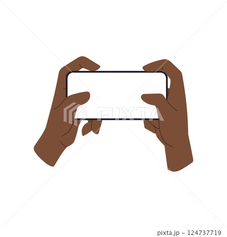 Phone with blank screen held by two hands, black skin user showing smartphone horizontally. African Phone with blank screen held by two hands, black skin user showing smartphone horizontally. African 124737719