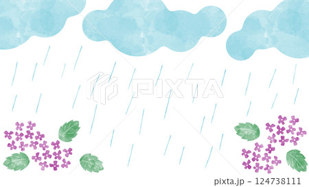 梅雨のフレーム。ウォーターカラーの雨の日の背景。シンプルな雨季の壁紙。 124738111