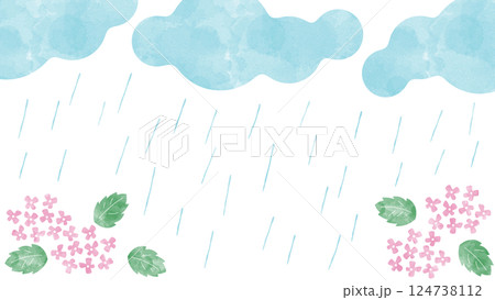 梅雨のフレーム。ウォーターカラーの雨の日の背景。シンプルな雨季の壁紙。 124738112