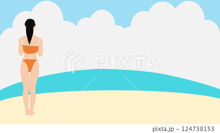 浜辺で夏休みを満喫する女性のイラスト(海水浴) 124738153