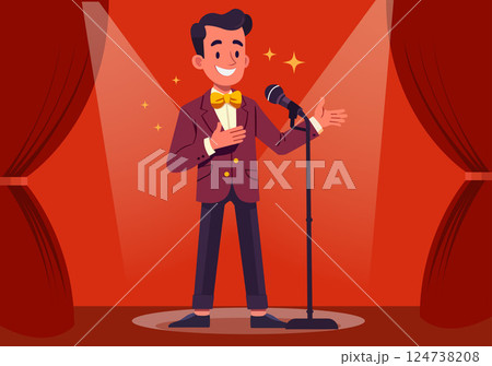 A male singer dressed in vintage style sings old songs. 124738208