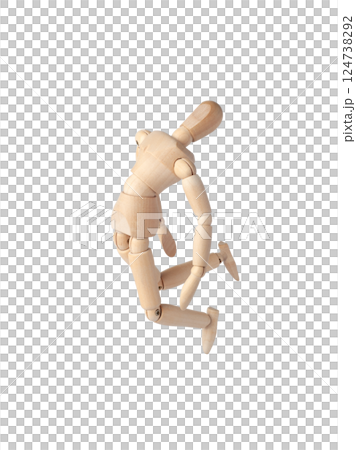 A Wooden dummy jumping, full of inspiration. A Poseable figure and Articulated mannequin capture a moment of excitement, perfect for artists and creating dynamic, energetic sketches. 124738292