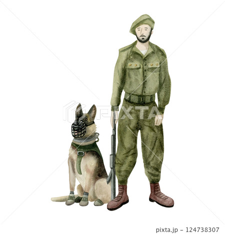 Hand drawn soldier taking oath with K9 dog watercolor illustration isolated on white for patriotic military designs. Handler of Oketz canine special forces clipart 124738307