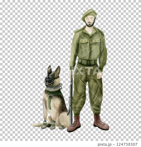 Hand drawn soldier taking oath with K9 dog watercolor illustration isolated on white for patriotic military designs. Handler of Oketz canine special forces clipart 124738307