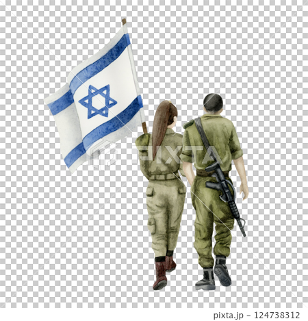 Israel Independence day concept with IDF male and female soldiers holding flag watercolor illustration isolated on white. Jewish Memorial day, Yom HaZikaron and haShoah Israel Independence day concept with IDF male and female soldiers holding flag watercolor illustration isolated on white. Jewish Memorial day, Yom HaZikaron and haShoah 124738312