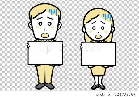 Young men and women in suits holding a message board and feeling troubled Young men and women in suits holding a message board and feeling troubled 124738367
