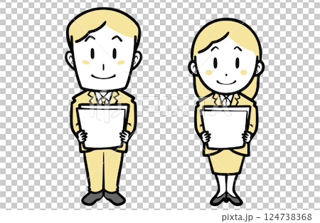 Young man and woman in suits holding documents Young man and woman in suits holding documents 124738368