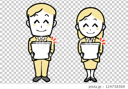 Smiling young man and woman in suits holding documents Smiling young man and woman in suits holding documents 124738369