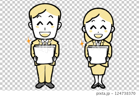 Smiling young man and woman in suits holding documents Smiling young man and woman in suits holding documents 124738370
