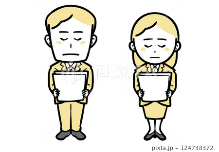 書類を持ち謝る、スーツを着た若い男女 書類を持ち謝る、スーツを着た若い男女 124738372