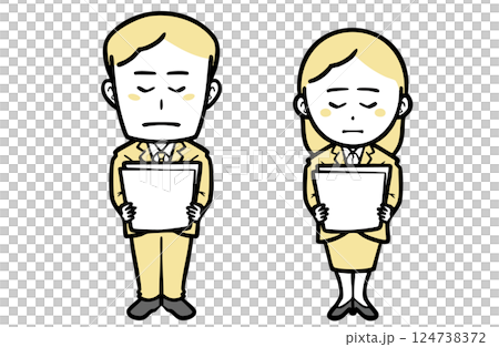 書類を持ち謝る、スーツを着た若い男女 書類を持ち謝る、スーツを着た若い男女 124738372