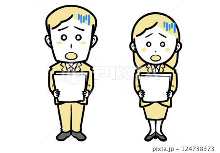 書類を持ち困っている、スーツを着た若い男女 124738373