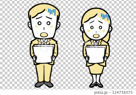 書類を持ち困っている、スーツを着た若い男女 124738373