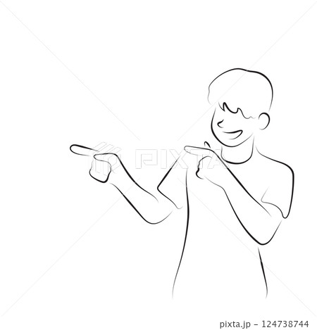 male teenager pointing finger on blank space illustration vector hand drawn with black lines isolated on white background. male teenager pointing finger on blank space illustration vector hand drawn with black lines isolated on white background. 124738744