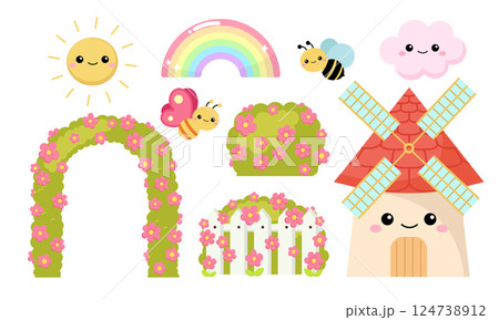 Cute spring nature collection clipart. Flat vector cartoon design Cute spring nature collection clipart. Flat vector cartoon design 124738912