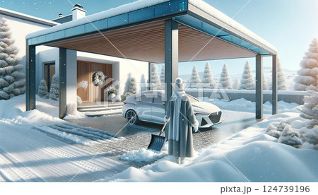 カーポート屋根に雪が積もった戸建住宅05「AI生成画像」 124739196