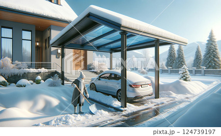 カーポート屋根に雪が積もった戸建住宅04「AI生成画像」 124739197