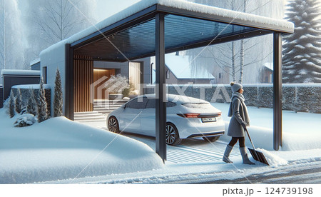 カーポート屋根に雪が積もった戸建住宅03「AI生成画像」 124739198