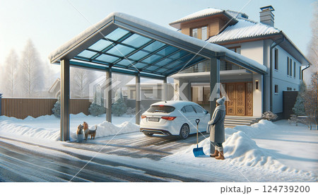 カーポート屋根に雪が積もった戸建住宅01「AI生成画像」 124739200