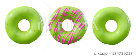 Donuts with green kiwi glaze, sprinkles, white drizzle, and dots isolated on white transparent background 124739217